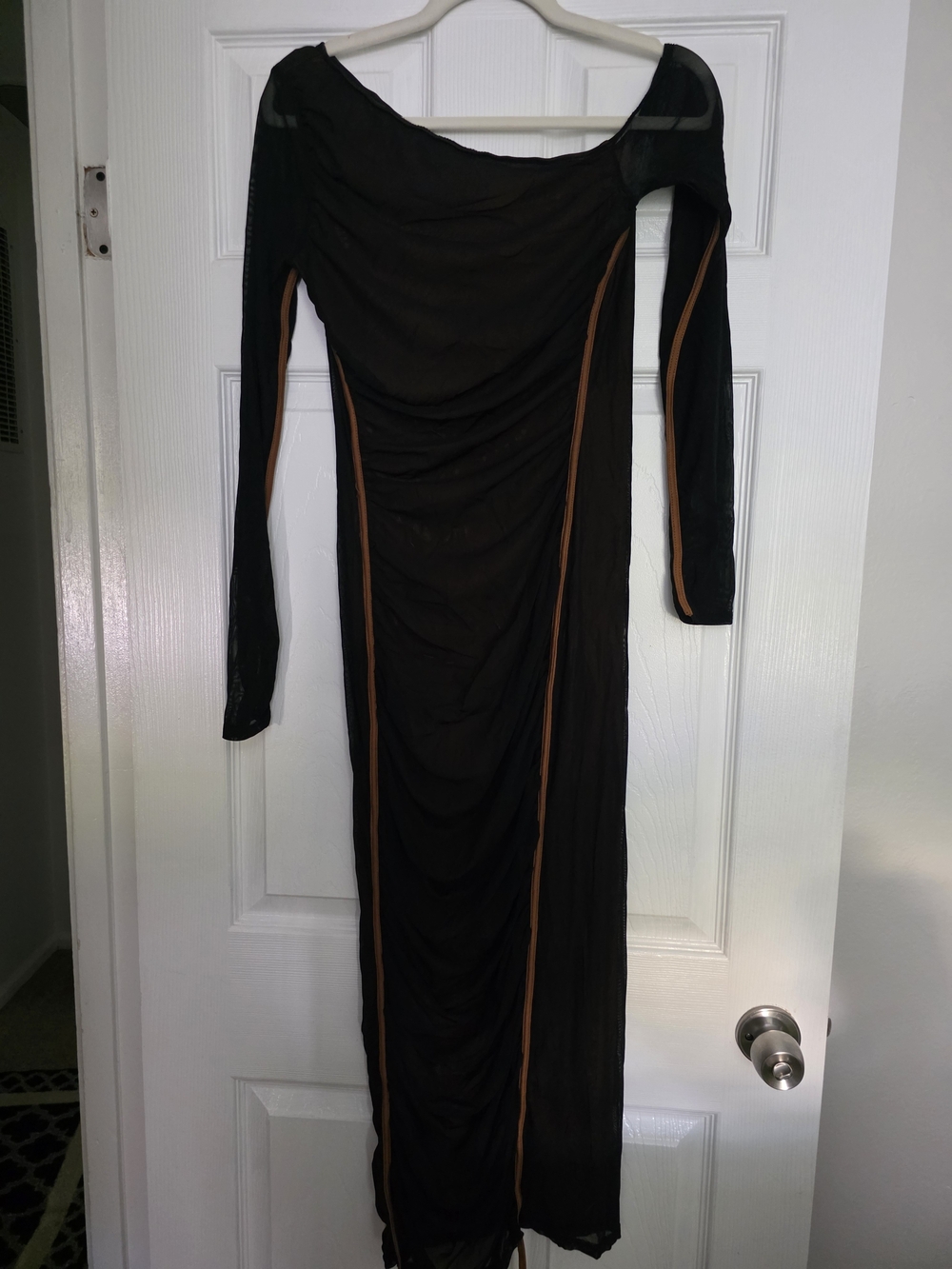 Black Long Mesh Sleeve Ruched Maxi Dress with Tan Piping
